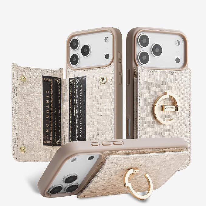 CUSTYPE Compatible with iPhone 17 Pro Max Wallet Case with Card Holder,Bling Leather 180°Ring Holder Kickstand Card Slots Case,PU Leather Case for iPhone 17 Pro Max 6.9inch-Nude&Bling