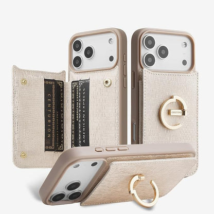CUSTYPE Compatible with iPhone 17 Pro Max Wallet Case with Card Holder,Bling Leather 180°Ring Holder Kickstand Card Slots Case,PU Leather Case for iPhone 17 Pro Max 6.9inch-Nude&Bling
