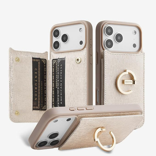 CUSTYPE Compatible with iPhone 17 Pro Max Wallet Case with Card Holder,Bling Leather 180°Ring Holder Kickstand Card Slots Case,PU Leather Case for iPhone 17 Pro Max 6.9inch-Nude&Bling