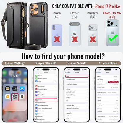 Strapurs for iPhone 17 Pro Max Detachable Wallet Case Compatible with Magsafe, RFID Blocking 9-Card Holder Zipper Strap Lanyard PU Leather Magnetic Phone Case for iPhone 17 Pro Max 6.9", Black