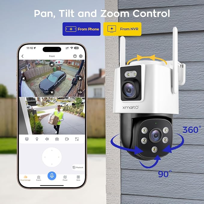 xmartO 4 Dual-Lens Wireless Camera Kit, 8-View WiFi6 Mesh Long Range Security System, 16CH 4K Dual Band NVR, 4MP 180° Static FOV & 360°PTZ AI Tracking, 24/7 Plug-in, 500GB HDD, No Monthly Fee