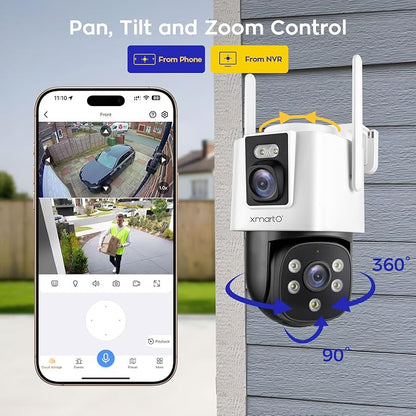 xmartO 4 Dual-Lens Wireless Camera Kit, 8-View WiFi6 Mesh Long Range Security System, 16CH 4K Dual Band NVR, 4MP 180° Static FOV & 360°PTZ AI Tracking, 24/7 Plug-in, 500GB HDD, No Monthly Fee