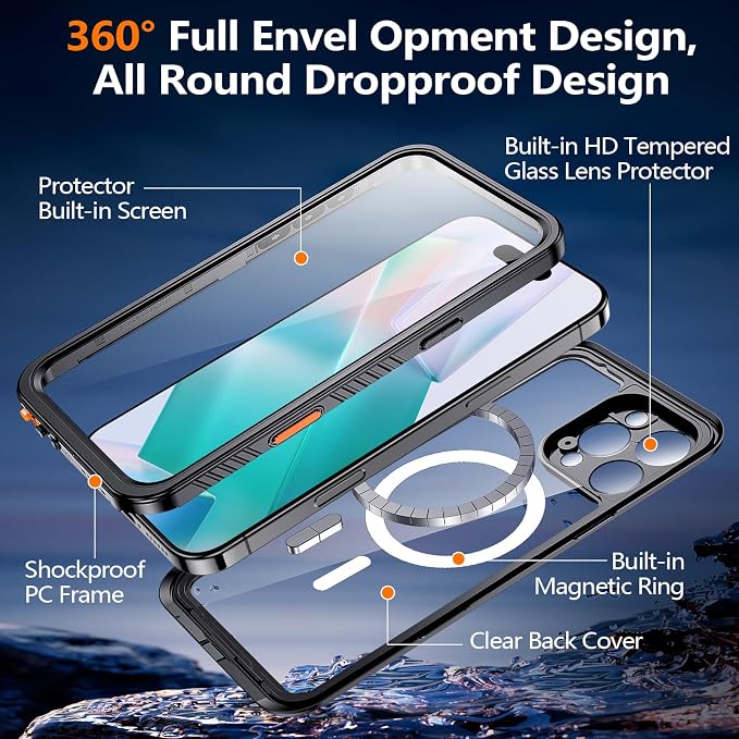 xiwxi for iPhone 16 Pro Case Waterproof,[IP68 Underwater][Built-in Screen Protector ][Compatible with MagSafe][15FT Military Dropproof][Dustproof] Full Body Shockproof Protective Phone Case 6.3" Black
