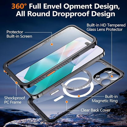 xiwxi for iPhone 16 Pro Case Waterproof,[IP68 Underwater][Built-in Screen Protector ][Compatible with MagSafe][15FT Military Dropproof][Dustproof] Full Body Shockproof Protective Phone Case 6.3" Black