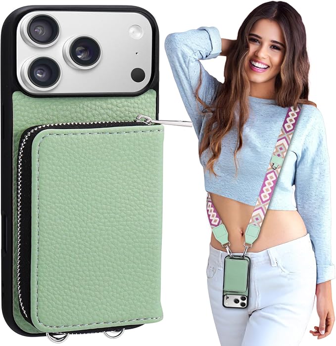 XANGNIER Wallet Case for iPhone 17 Pro Max with Strap, RFID Blocking PU Leather Crossbody Phone Purse with Card Holder, Zipper Pocket, Wrist Strap & Adjustable Lanyard for Women 6.9" 5G,Green
