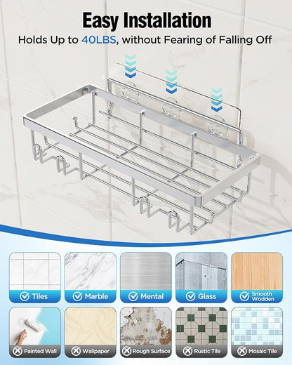 Shower Caddy 7 Pack, Adhesive Bathroom Shower Organizer for Bathroom Storage, No Drilling Large Capacity Rustproof Stainless Steel Shower Shelves Rack for Bath, Silver