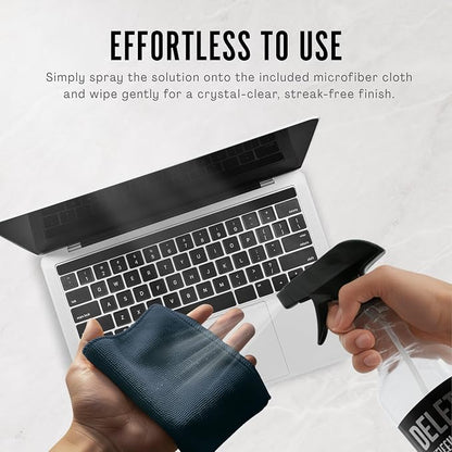 Delete Screen Cleaner Spray Kit, 16oz Bottle and 12"x12" Microfiber Cleaning Cloth, Streak-Free, Safe and Gentle Formula, Multi-Purpose for Devices, Large TVs, Computers, Monitors, Smart Phones