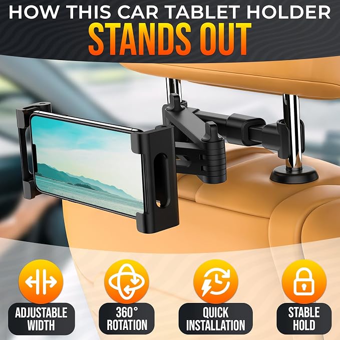 Car Headrest Tablet Holder for 5.5"-11" Devices - Tablet Headrest Mount with 360° Rotation & Charging Port Access - Quick Install & Adjustable Car Tablet Holder Сompatible with Smartphones and Tablets