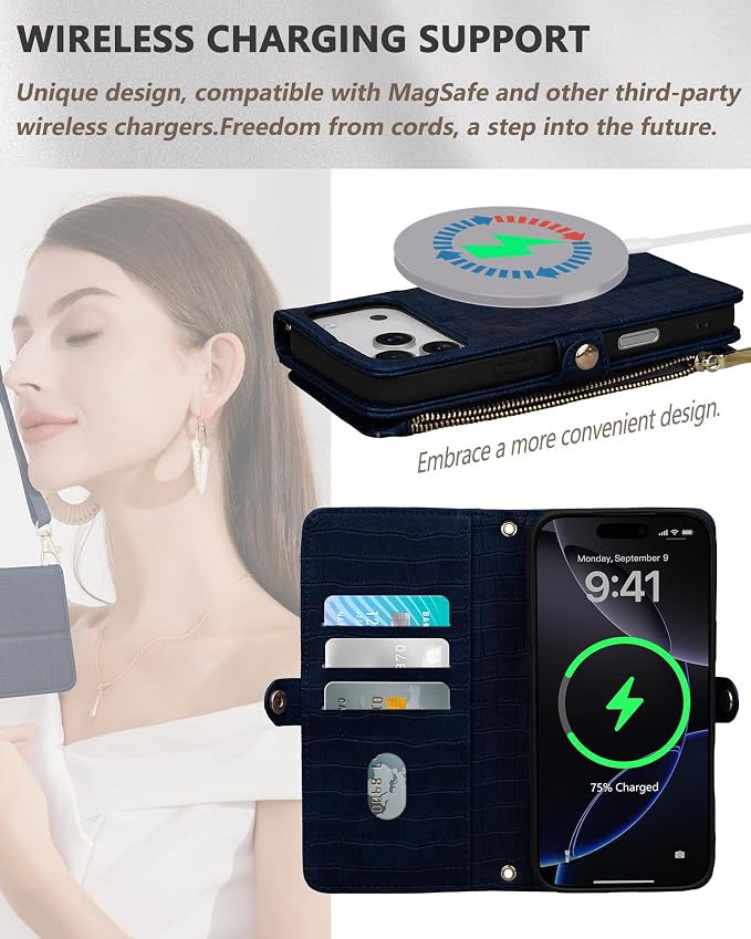 Crossbody Wallet Case for iPhone 17 Pro Max with Mirror, Wrist Strap, Zipper Purse Magnetic Flip, RFID Blocking Card Holder, Wireless Charging, PU Leather Shockproof 6.9" Women (Navy Blue)
