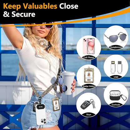 Azrra Adjustable Crossbody Cell Phone Lanyard for iPhone with Phone Tethers & Retractable ID Badge Card Holder (Leopard Print)