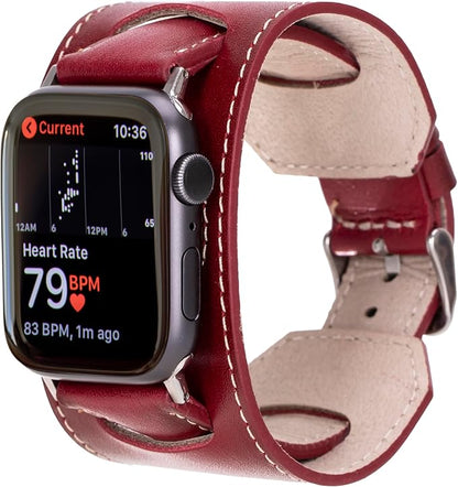 HARDISTON Cuff Watch Band Compatible with Apple 42mm for men & women, Handmade Genuine Leather, Compatible with iWatch Series 11 10 9 8 7 6 5 4 3 2 1 SE Ultra, Wrist Bracelet Arm Band, Small/Band-Red