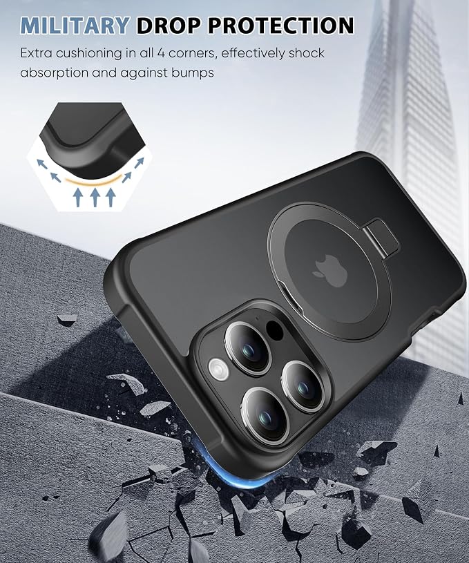 for iPhone 16 Pro Case, with Screen Protector + Camera Lens Protector, Built-in Seamless Stand, [Compatible with MagSafe] Protective Shockproof Phone Case, Matte Back Cover for 6.3" - Black