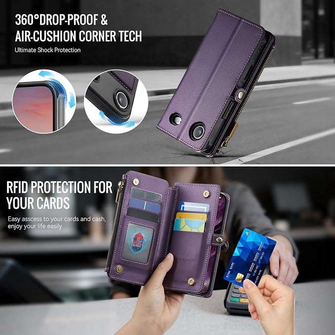 Strapurs for iPhone Air Detachable Wallet Case Compatible with Magsafe for Women, RFID Blocking 9-Card Holder Zipper Strap Lanyard PU Leather Magnetic Phone Case for iPhone 17 Air 6.5", Purple