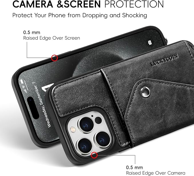 LUCKYCOIN for iPhone 15 Pro Max Crossbody Wallet Case – Genuine Leather Phone Purse with Adjustable Strap and Card Holder,Lanyard Phone Purse Case for Women,Vintage Black