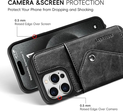 LUCKYCOIN for iPhone 15 Pro Max Crossbody Wallet Case – Genuine Leather Phone Purse with Adjustable Strap and Card Holder,Lanyard Phone Purse Case for Women,Vintage Black