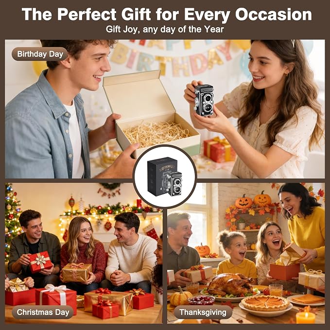 Mini Retro TLR Digital Camera, Portable 24MP 1080P FHD Vintage Point and Shoot Pocket Travel Camera with Twin Lens, Autofocus, 16X Digital Zoom, 16GB Card, for Beginners, Teens & Adults - Black