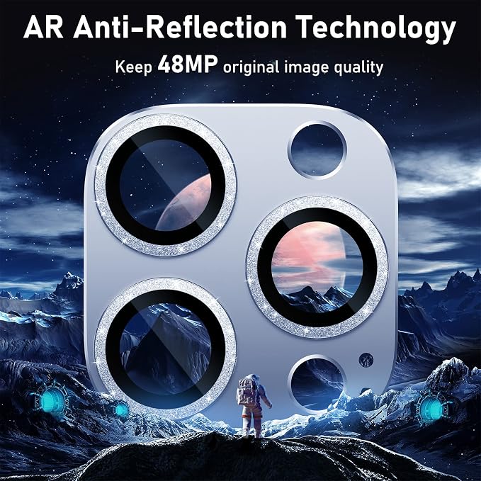 UniqueMe for iPhone 13 Pro/iPhone 13 Pro Max Camera Lens Protector, Metal Ring Tempered Glass Rear Camera Screen Cover - Light Blue (Bling Circle)