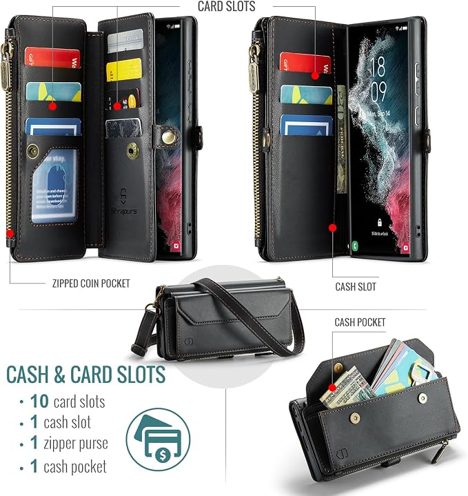 Strapurs Crossbody Wallet Case Compatible with Samsung Galaxy S22 Ultra 5G RFID Blocking 10-Card Holder Soft PU Leather Magnetic Snap Strap Zipper Pocket Phone Case Fit for Galaxy S22 Ultra - Black