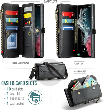 Strapurs Crossbody Wallet Case Compatible with Samsung Galaxy S22 Ultra 5G RFID Blocking 10-Card Holder Soft PU Leather Magnetic Snap Strap Zipper Pocket Phone Case Fit for Galaxy S22 Ultra - Black