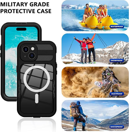 for iPhone 15 Plus 5G Waterproof Case,Compatible with Magsafe,Hybrid Rugged Shockproof Full Body Protective,with Lanyard,Clear Lens/Screen Protector Cover for iPhone 15 Plus 6.7 inch 2023,Black