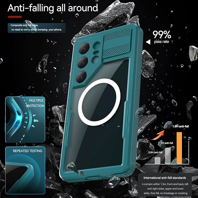 Omio for Galaxy S25 Ultra Waterproof Case Compatible with MagSafe, Magnetic Waterproof Full Body IP68 Underwater Case Built-in Screen Protector Military Grade Shockproof Case for Men Women Teal