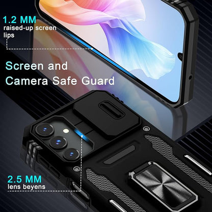 DEERLAMN Case for Samsung Galaxy A15 5G with Slide Camera Cover+Screen Protector (1 Pack), Rotated Ring Kickstand Military Grade Shockproof Protective Cover-Black
