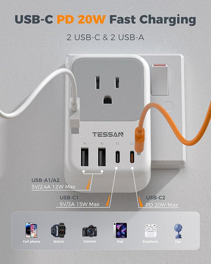 TESSAN US to India Plug Adapter 2 Pack, PD 20W Type D Travel Adapter with 4 AC Outlets 4 USB Ports (2 USB C), India Power Adaptor for USA to Bangladesh Nepal Maldives Pakistan Yemen