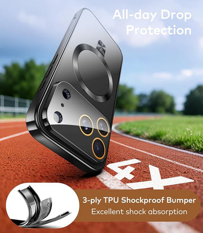 Magnetic for iPhone 17 Pro Case with Ring Stand, Fits MagSafe, with Built-in Camera Cover, Slim Electroplated Shockproof Phone Case, Black