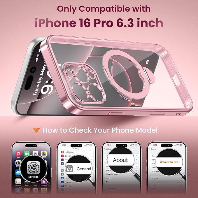 GolbinBox for iPhone 16 Pro Case with 360° Spin Magnetic Stand,[Compatible with Magsafe] [Military Protection][Built-in Ring Holder] Camera Control Phone Case for 16 Pro,Pink/Clear