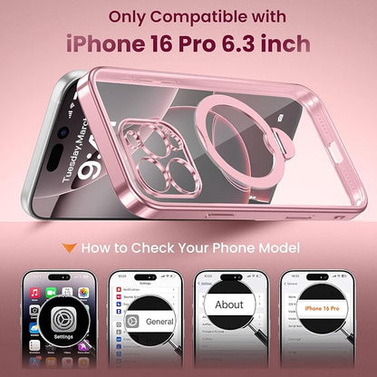 GolbinBox for iPhone 16 Pro Case with 360° Spin Magnetic Stand,[Compatible with Magsafe] [Military Protection][Built-in Ring Holder] Camera Control Phone Case for 16 Pro,Pink/Clear