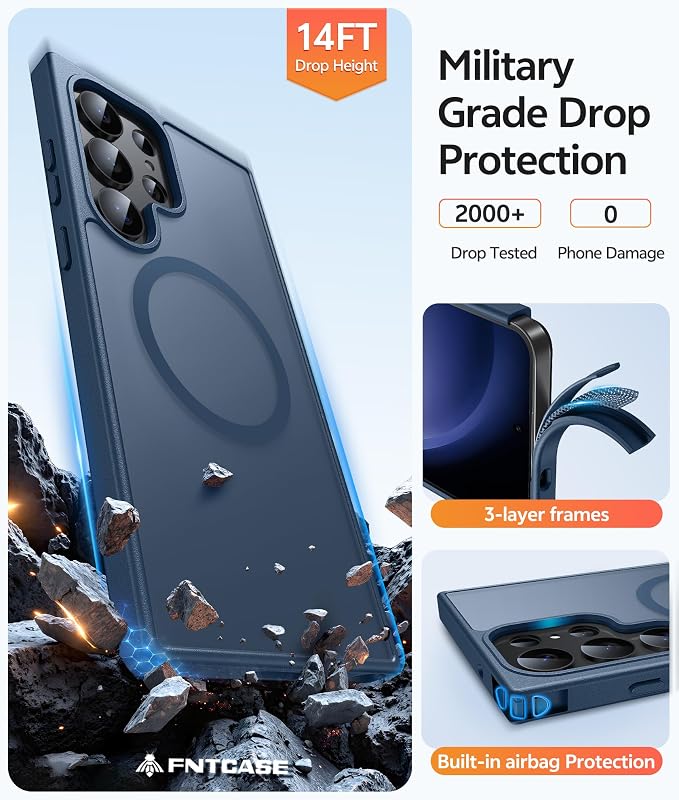 FNTCASE for Samsung Galaxy S23 Ultra Case, Compatible with Magsafe Blue | Translucent Matte Magnetic Back, 14FT Military Grade Drop Protection, Shockproof Protective Phone Cover