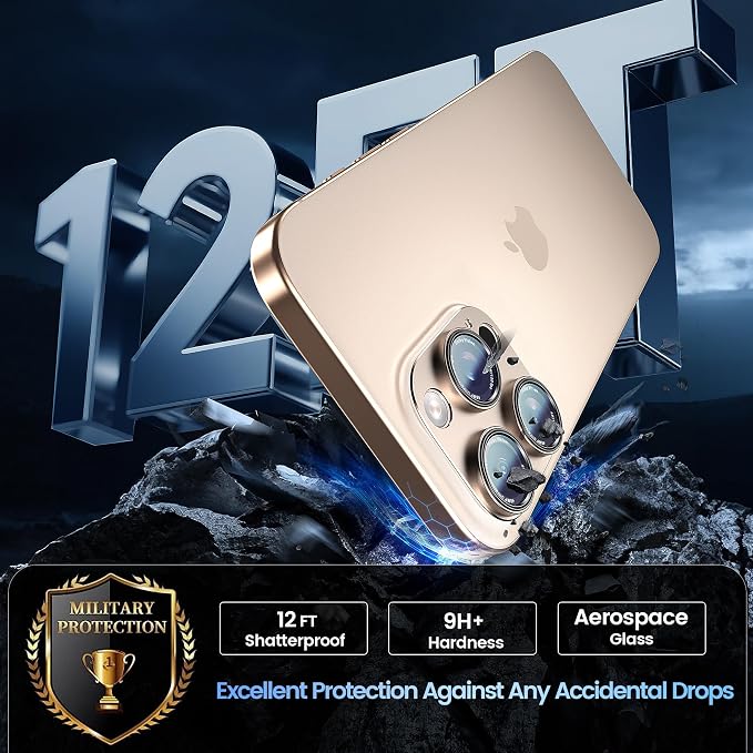 CACOE Camera Lens Protector for iPhone 14 Pro/14 Pro Max/16 Pro/16 Pro Max - Metal Frame Tempered Glass Cover, [Anti-Scratch] [Drop-Proof][Strong-Adhesion] Camera Screen Cover(Desert Gold)
