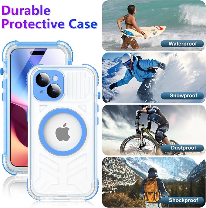 Temdan Magnetic for iPhone 15 Case Waterproof,[Built-in Screen & Camera Protector][Full Body Shockproof][IP68 Underwater][Dustproof] Shockproof Phone Case for iPhone 15 6.1"-Blue