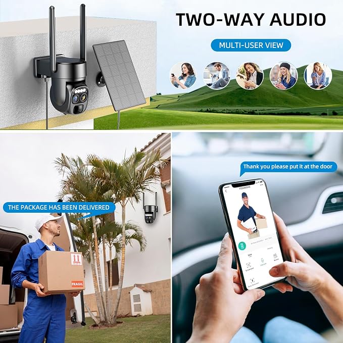 Hawkray Pannel Solar Wireless Outdoor Security Camera， Dual-Lens, 10xZoom, 2K Resolution 3MP 360°Pan/Tilt，2.4&5G WiFi Battery Powered Camera with Spotlight Alarm PIR Motion Detection