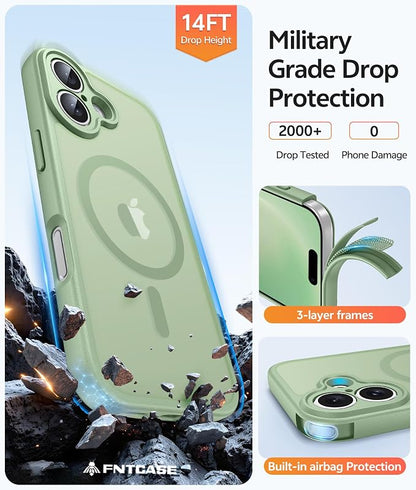 FNTCASE for iPhone 16 Case: [Compatible with Magsafe] Translucent Matte Cases with [Full Camera Protection] [Screen Protector] Military Grade Shockproof Protective Phone Cover - Light Moss