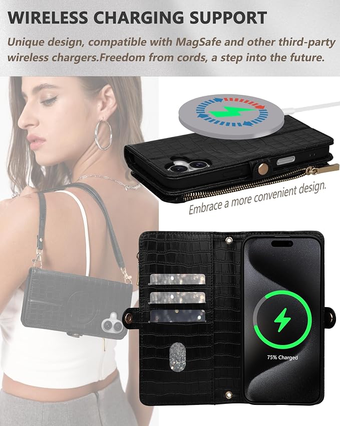 Crossbody Wallet Case for iPhone 16 Plus with Mirror, Wrist Strap, Zipper Purse Magnetic Flip RFID Blocking Card Holder, Wireless Charging, PU Leather Shockproof 6.7" Women (Black)