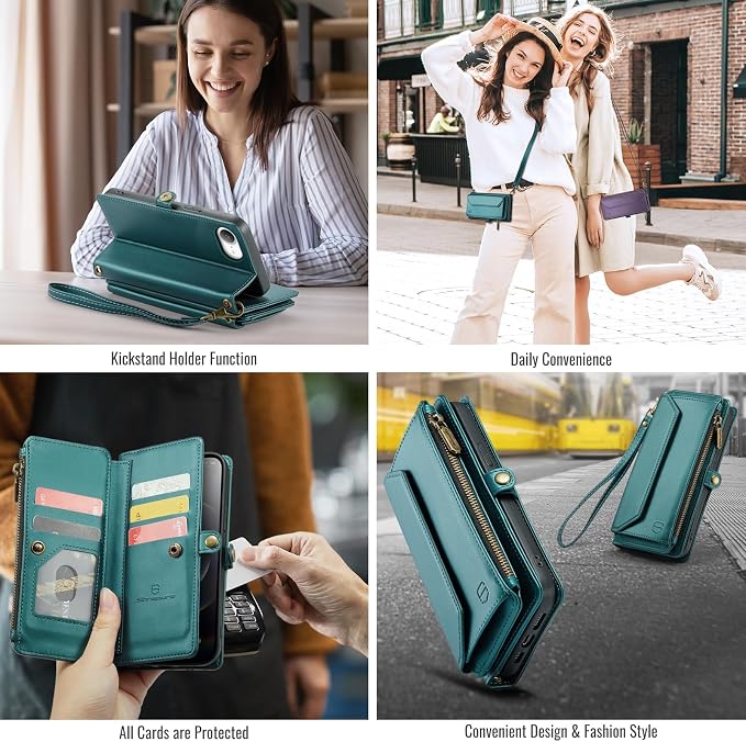 Strapurs Crossbody Wallet Case Compatible with iPhone 17e / iPhone 16e RFID Blocking 7-Card Holder PU Leather Magnetic Snap Shoulder Strap Zipper Pocket Phone Cases for iPhone 17e / 16e - Blue Green