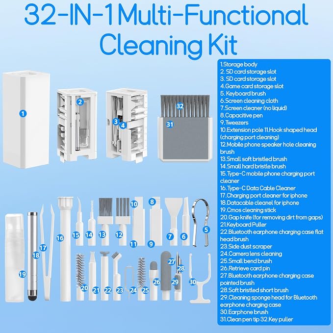 Keyboard Cleaning Kit Laptop Cleaner, All-in-1 Multi-Function Electronic Cleaner Kit, Screen Spray Cleaning Brush Tool PC Accessories for iPhone iPad MacBook Earbud Camera Monitor Computer (White)