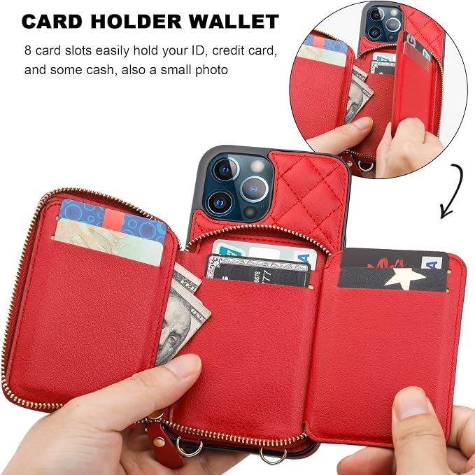 Bocasal Crossbody Wallet Case for iPhone 12 Pro Max, RFID Blocking PU Leather Zipper Handbag Purse Flip Cover, Kickstand Folio Case with Card Slots Holder Wrist Strap Lanyard 5G 6.7 Inch (Red)