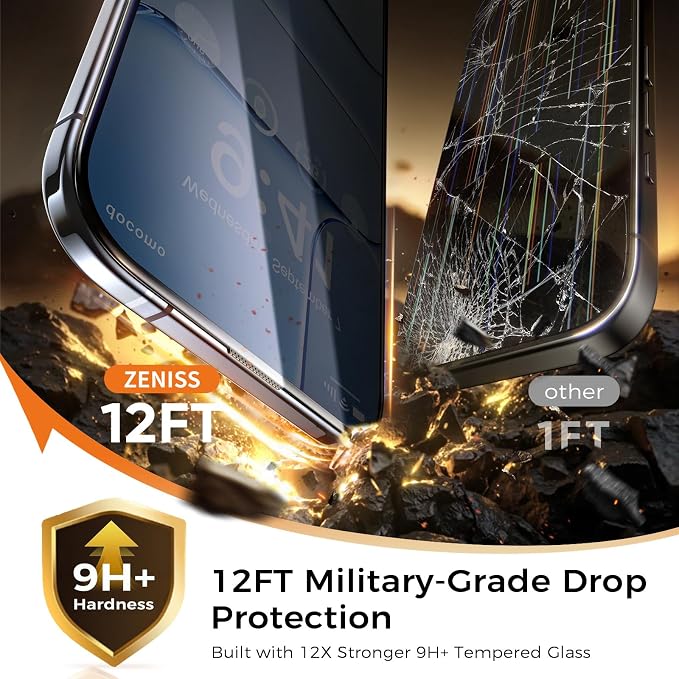 NeverBreak 9H+ Hardness for iPhone Air Privacy Screen Protector 12FT Military Grade Protection (Scratch, Shatter, Drop Resistance) Tempered Glass Full Coverage 6.5", 2 Pack with De-Bubble Card