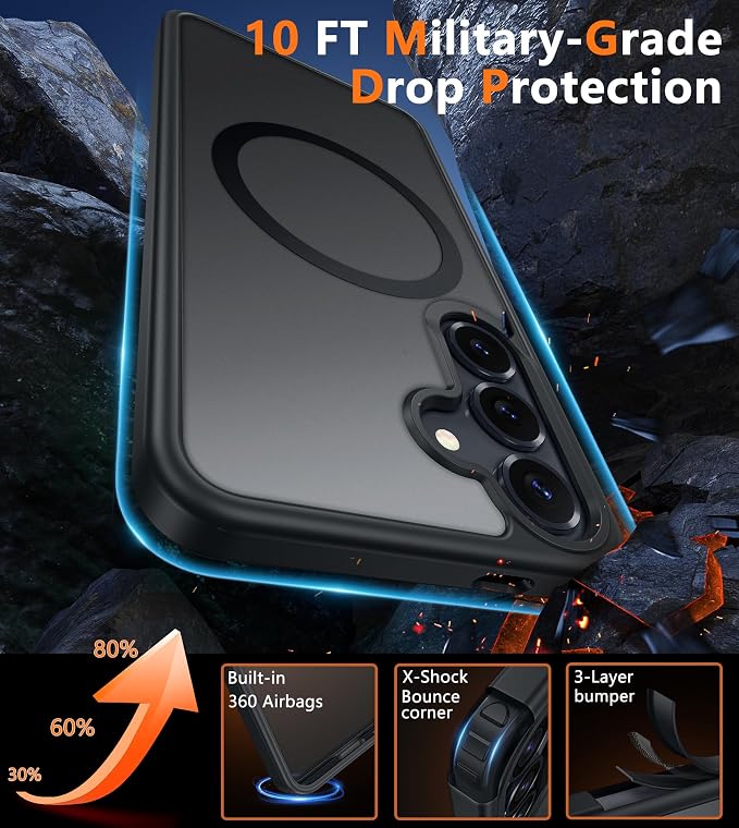 FNTCASE for Samsung Galaxy S25 Case: for Galaxy S24 Cases Magnetic Military Grade Drop Protection Translucent Cell Phone Cover - Slim Durable Shockproof Protective Bumper Cases- 6.2 inches (Black) | Magnetic Phone Cases, 14FT Military Grade Drop Protec...