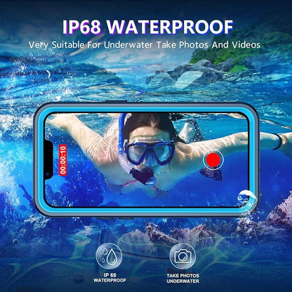 Temdan Compatible with iPhone 14 Case Waterproof, Built-in Screen & Camera Protector IP68 Underwater Full Body 14FT Military Dropproof Shockproof Phone Case 6.1"-Blue/Clear