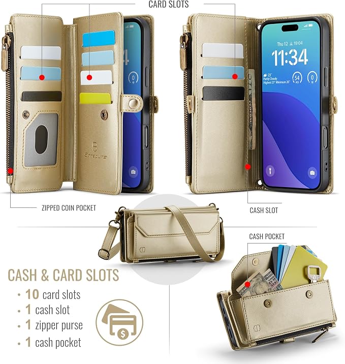 Strapurs Wallet Case Compatible with iPhone 16 Pro 6.3" RFID Blocking 10-Card Holder Soft PU Leather Magnetic Snap Shoulder Strap Zipper Pocket Phone Case Fit for iPhone 16 Pro for Women - Gold