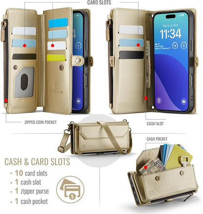 Strapurs Wallet Case Compatible with iPhone 16 Pro 6.3" RFID Blocking 10-Card Holder Soft PU Leather Magnetic Snap Shoulder Strap Zipper Pocket Phone Case Fit for iPhone 16 Pro for Women - Gold