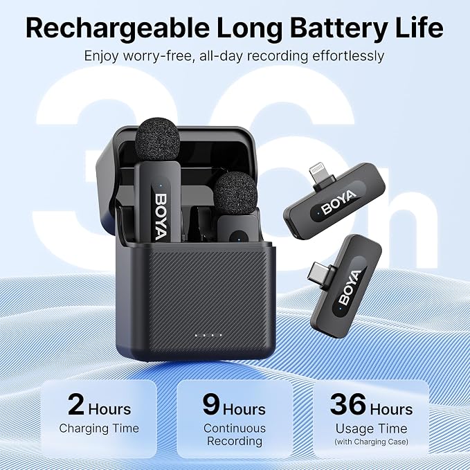 BOYA BY-V3 Combo Wireless Microphone for iPhone Android Smartphone,100M Los Range,36H Duration,Noise Cancellation,Plug&Play Lavalier Lapel Mics for Vlogging Interview 2-in-1 Charging Case(2TX+2RX)
