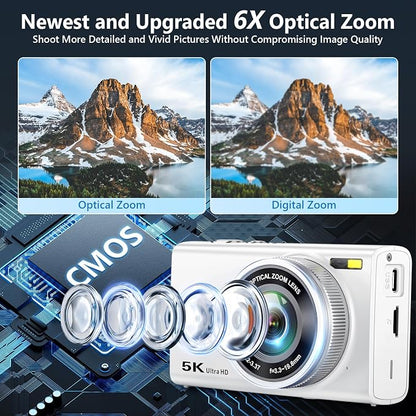 5K Digital Camera for Photography with 6X Optical Zoom, 2026 Latest 96MP Autofocus Vlogging Camera for YouTube with Dual Lens, Anti-Shake, Flash, Compact Small Travel Cameras with 64GB Card, White