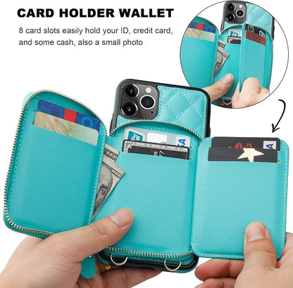Bocasal Crossbody Wallet Case for iPhone 11 Pro Max, RFID Blocking PU Leather Zipper Handbag Purse Flip Cover, Kickstand Folio Case with Card Slots Holder Wrist Strap Lanyard 6.5 Inch (Mint Green)