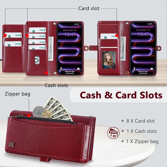 Wallet Case for iPhone 16 Pro Max with Card Holder/Crossbody Wallet/Strap| RFID Blocking | Magnetic | Kickstand | Detachable | PU Leather Phone Case for iPhone 16 Pro Max,6.9 in,Wine Red