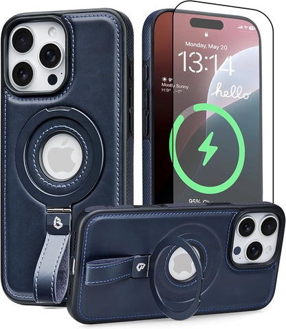 for iPhone 13 Pro Max Leather Case with Stand, Anti-Slip Grip Ring, Fits for MagSafe (Blue, iPhone 13 Pro Max)