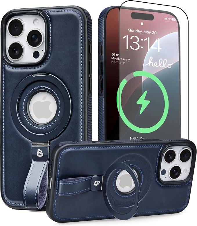 for iPhone 13 Pro Leather Case with Stand, Anti-Slip Grip Ring, Fits for MagSafe (Blue, iPhone 13 Pro)